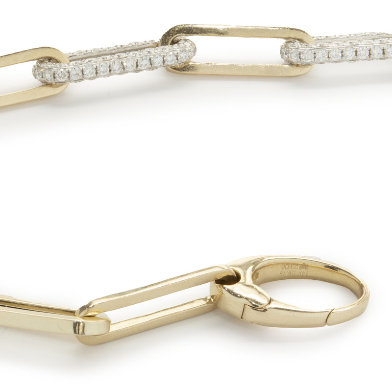 18 Karat Yellow and White Gold Pave Diamond Station Paperclip Link Necklace
