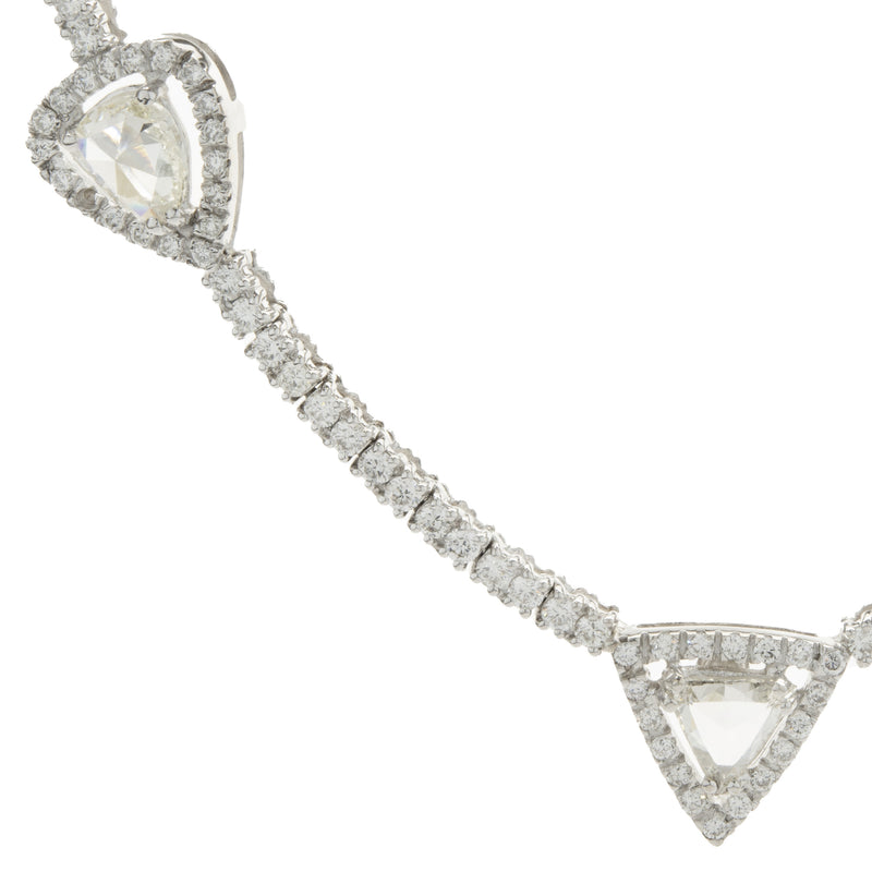 14 Karat White Gold Diamond Tennis Necklace with Rose Cut Diamond Stations