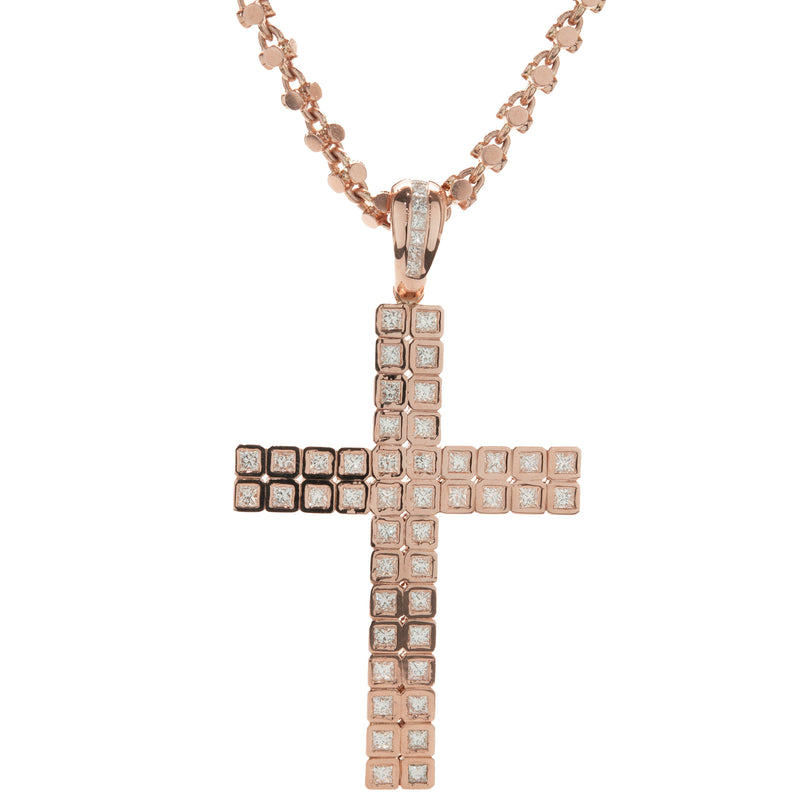 14 Karat Rose Gold Cube Set Princess Cut Diamond Cross Necklace