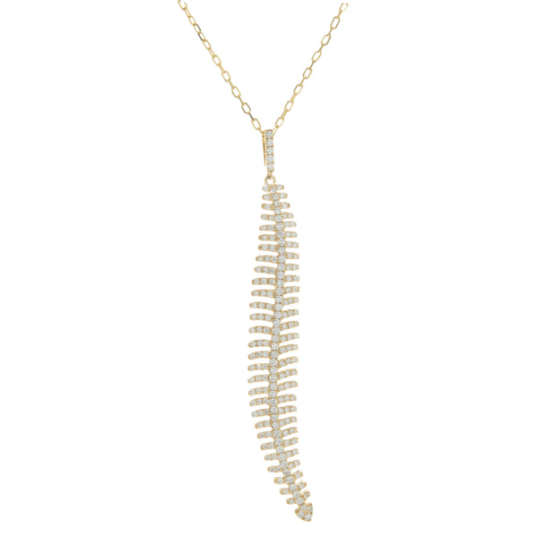 18 Karat Yellow Gold Pave Diamond Feather Drop Necklace