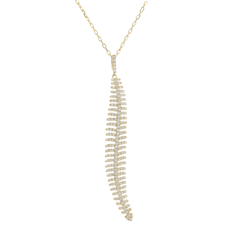 18 Karat Yellow Gold Pave Diamond Feather Drop Necklace