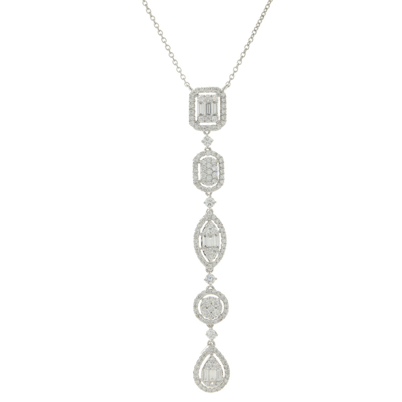 14 Karat White Gold Multi Shape Mosaic Set Diamond Drop Necklace