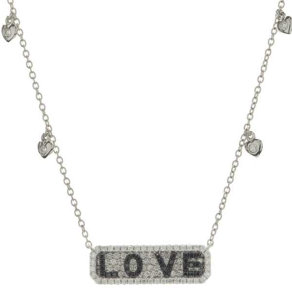 14 Karat White Gold White & Black Diamond Love Bar Necklace