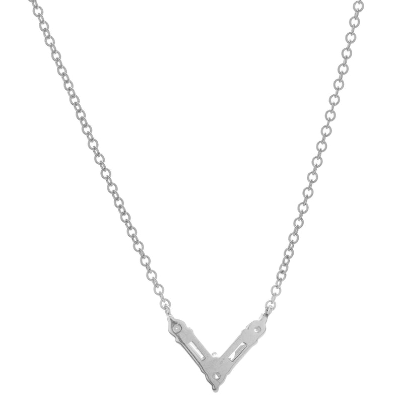 14 Karat White Gold Round and Baguette Cut Diamond V Necklace