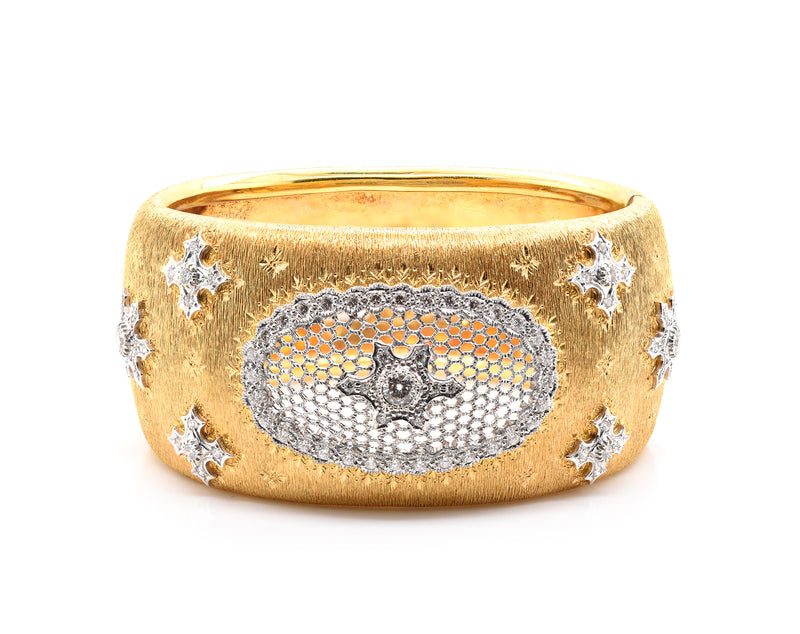 18 Karat Yellow Gold Wide Vintage Diamond Snowflake Cuff Bracelet