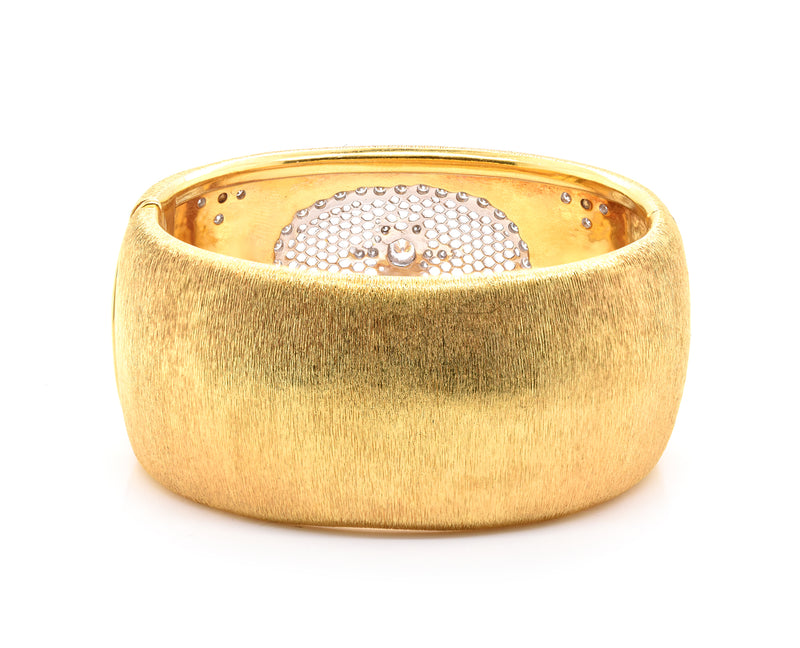 18 Karat Yellow Gold Wide Vintage Diamond Snowflake Cuff Bracelet