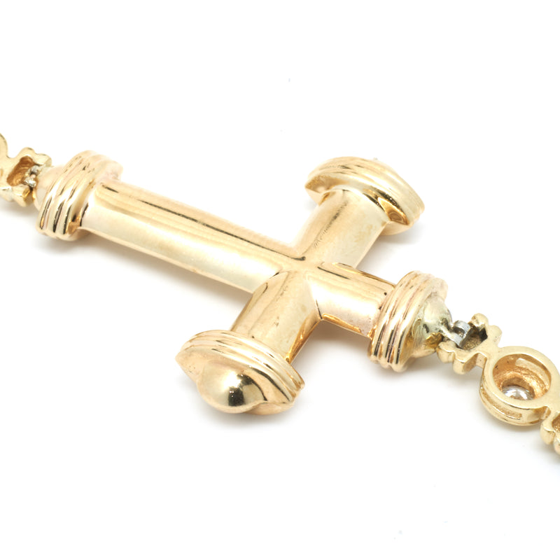 14 Karat Yellow and White Gold Bezel Set Diamond Cross Bracelet