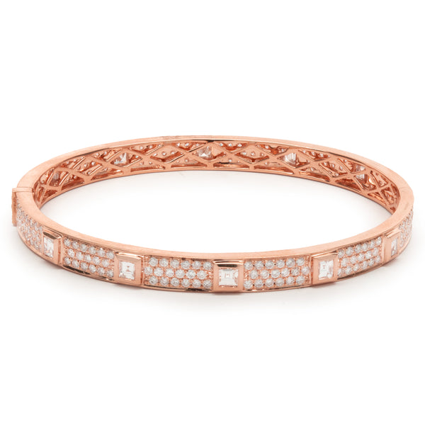 18 Karat Rose Gold Pave Diamond Eternity Bangle with Asscher Cut Diamond Stations