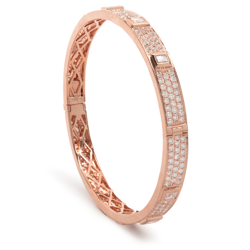 18 Karat Rose Gold Pave Diamond Eternity Bangle with Asscher Cut Diamond Stations