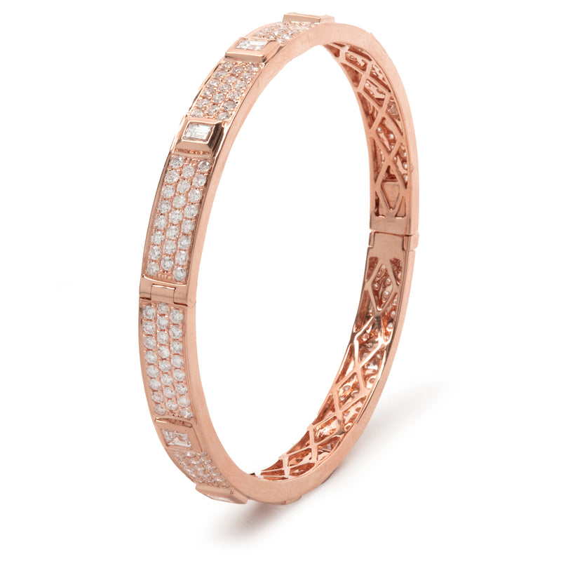 18 Karat Rose Gold Pave Diamond Eternity Bangle with Asscher Cut Diamond Stations