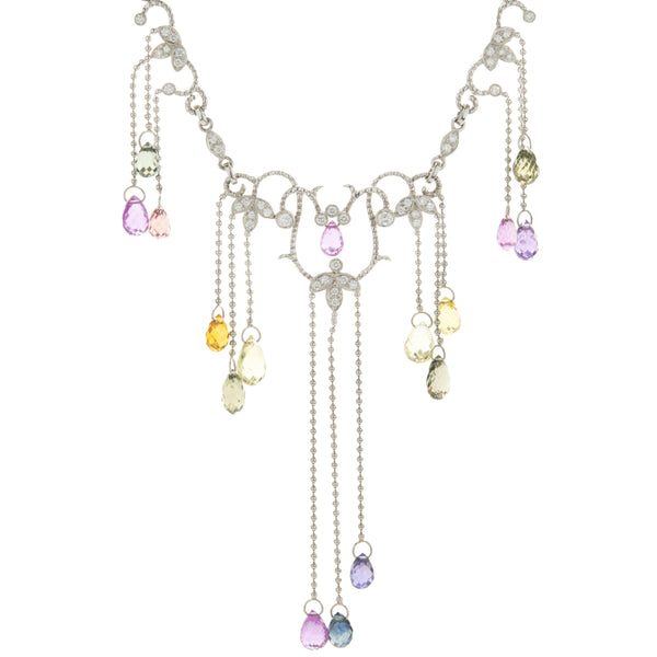 14 Karat White Gold Briolette Rainbow Sapphire and Diamond Drop Necklace