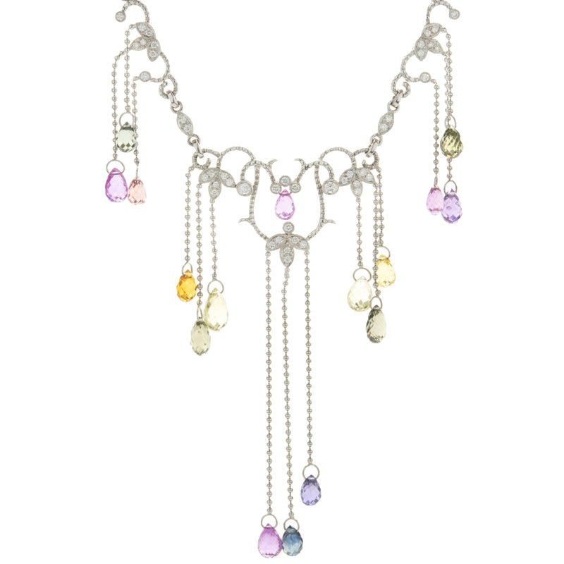 14 Karat White Gold Briolette Rainbow Sapphire and Diamond Drop Necklace