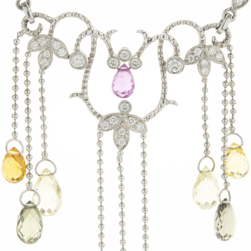 14 Karat White Gold Briolette Rainbow Sapphire and Diamond Drop Necklace