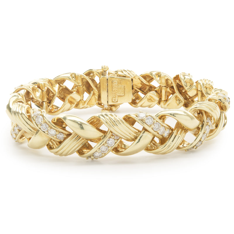 18 Karat Yellow Gold Diamond Ribbon Weave Bracelet