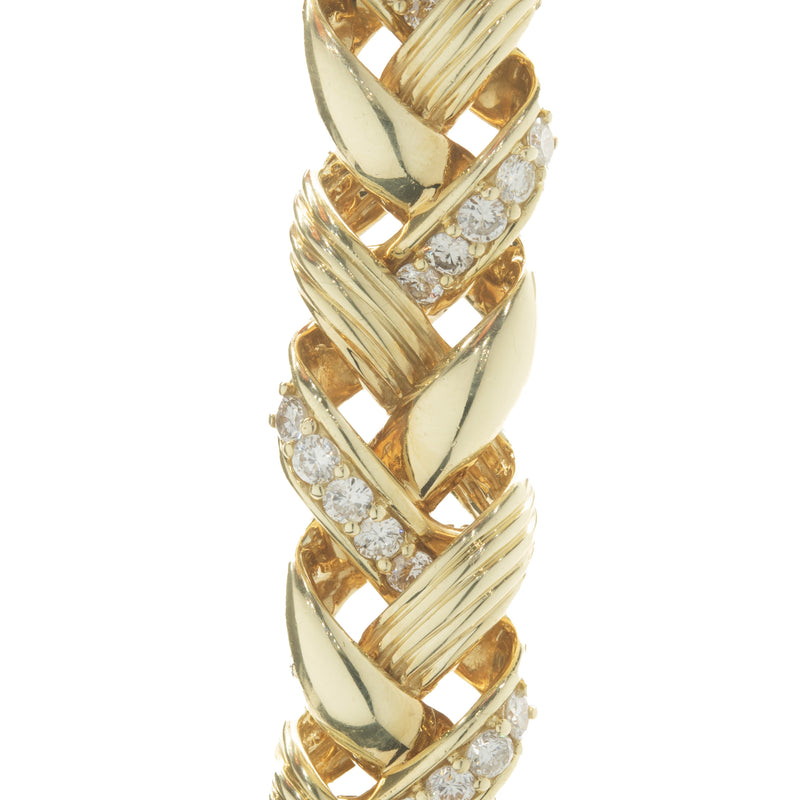 18 Karat Yellow Gold Diamond Ribbon Weave Bracelet