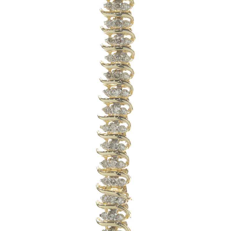 14 Karat Yellow Gold Triple Row Diamond S Link Bracelet