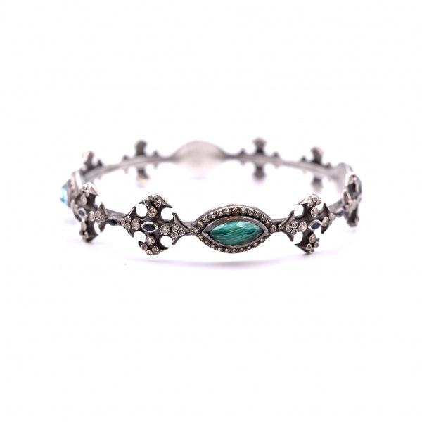 Armenta New World Sterling Silver, Malachite, Sapphire and Champagne Diamond Bangle