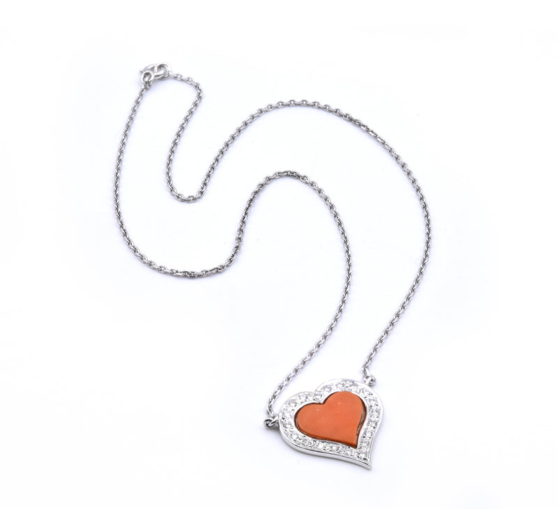 Fred 18 Karat White Gold Coral and Diamond Heart Necklace