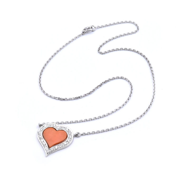 Fred 18 Karat White Gold Coral and Diamond Heart Necklace