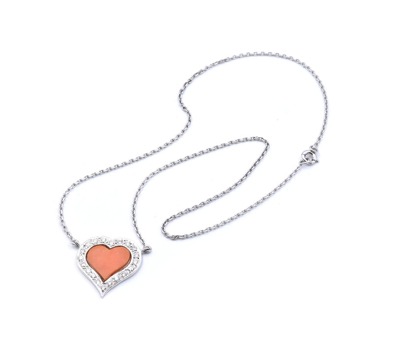 Fred 18 Karat White Gold Coral and Diamond Heart Necklace