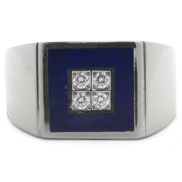 Faberge 18 Karat White Gold Diamond and Blue Enamel Ring