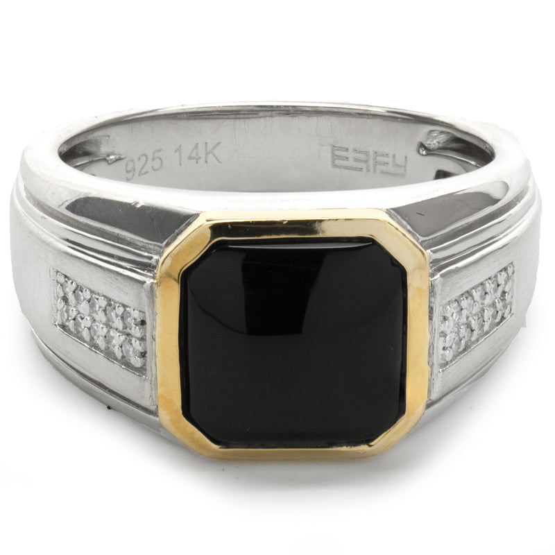 Effy Sterling Silver and 14 Karat Yellow Gold Black Onyx and Diamond Ring