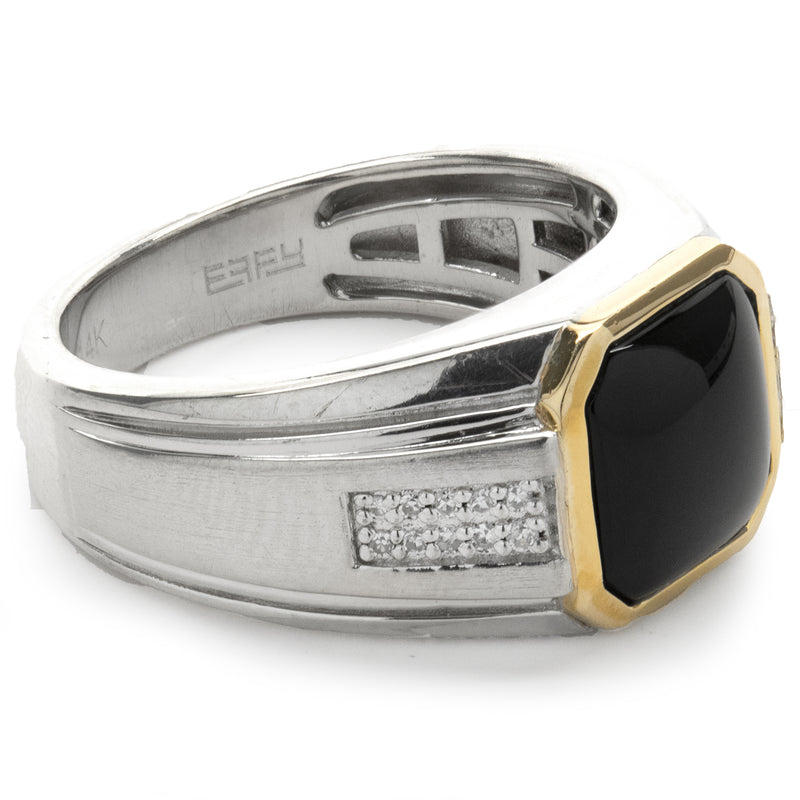 Effy Sterling Silver and 14 Karat Yellow Gold Black Onyx and Diamond Ring