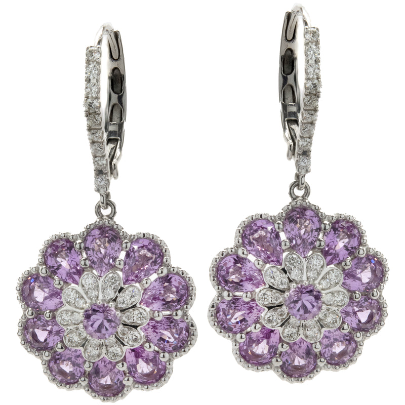 Salavetti 18 Karat White Gold Pink Sapphire and Diamond Floral Drop Earrings
