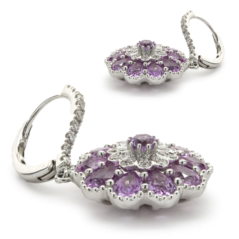 Salavetti 18 Karat White Gold Pink Sapphire and Diamond Floral Drop Earrings