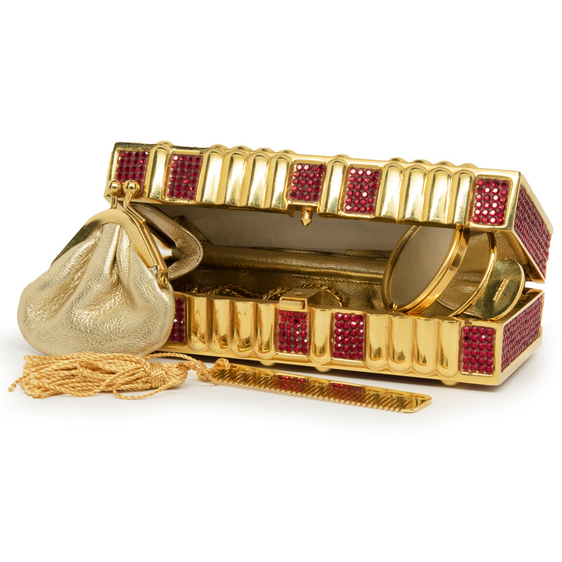 Judith Leiber Gold Tone Red Crystal Clutch with Coin Purse