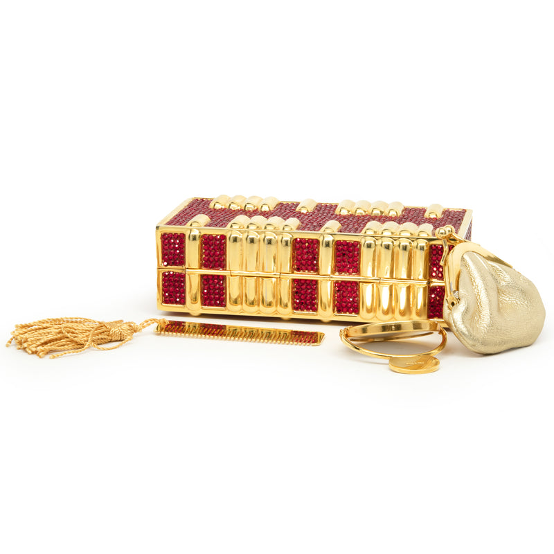 Judith Leiber Gold Tone Red Crystal Clutch with Coin Purse