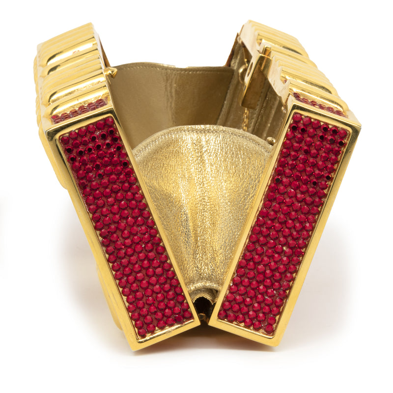 Judith Leiber Gold Tone Red Crystal Clutch with Coin Purse