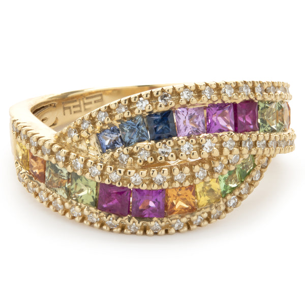 Effy 14 Karat Yellow Gold Multi Colored Sapphire and Diamond Crossover Band