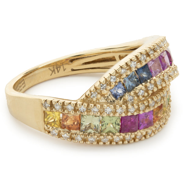 Effy 14 Karat Yellow Gold Multi Colored Sapphire and Diamond Crossover Band