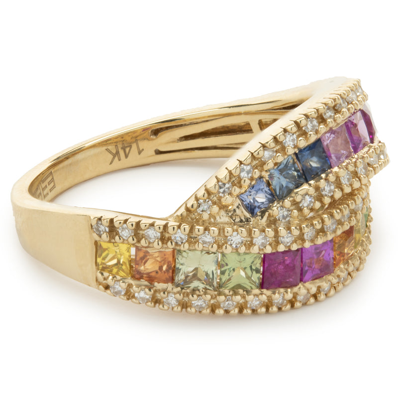 Effy 14 Karat Yellow Gold Multi Colored Sapphire and Diamond Crossover Band
