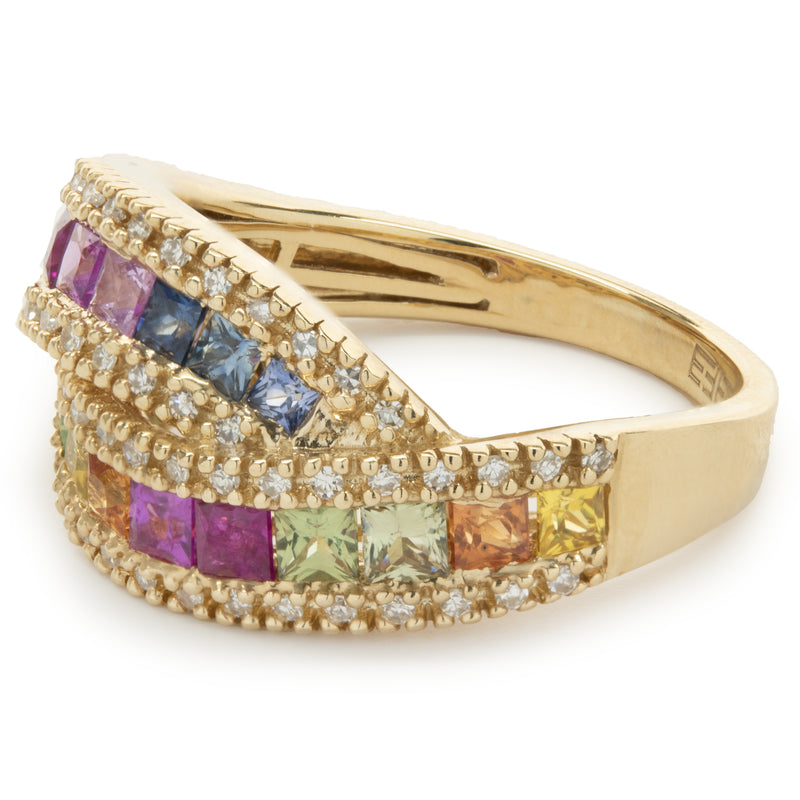 Effy 14 Karat Yellow Gold Multi Colored Sapphire and Diamond Crossover Band