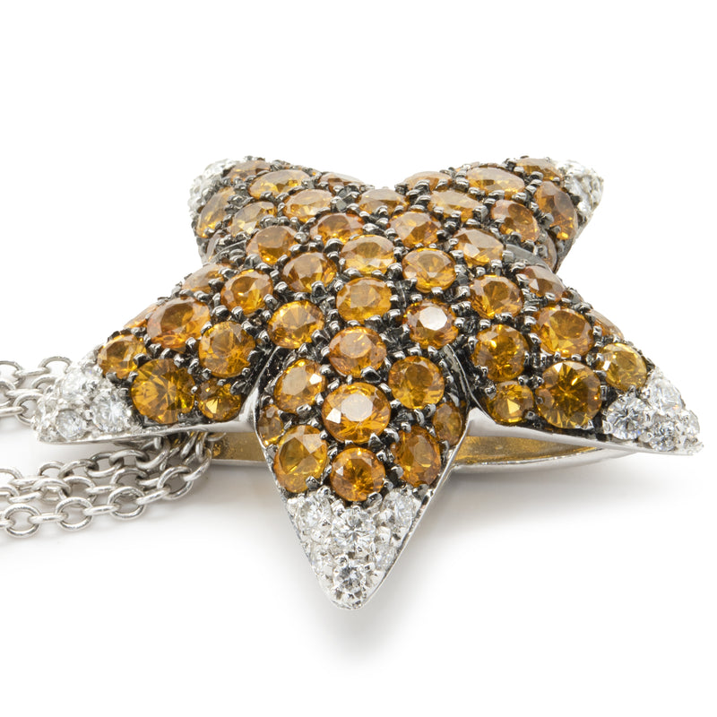 Salavetti 18 Karat White Gold Orange Sapphire and Diamond Star Necklace