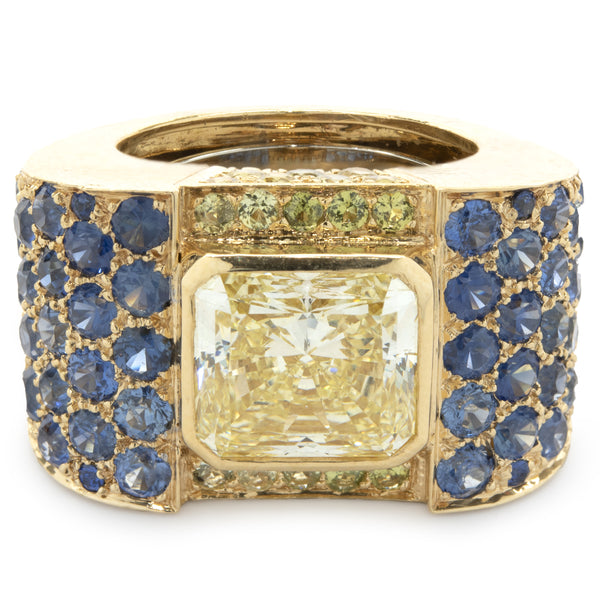 David Webb Custom Designed Fancy Yellow Diamond and Sapphire Cocktail Ring
