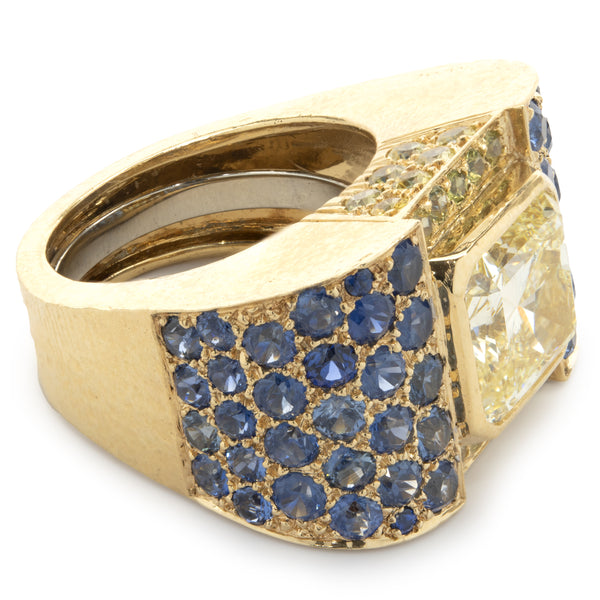 David Webb Custom Designed Fancy Yellow Diamond and Sapphire Cocktail Ring