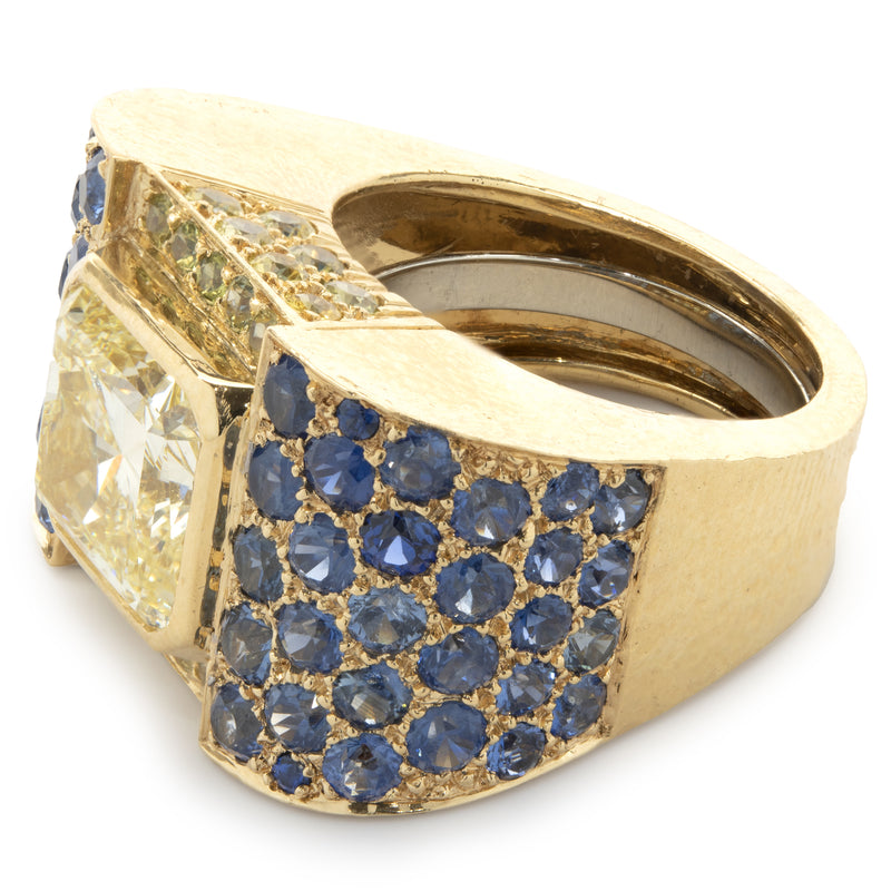 David Webb Custom Designed Fancy Yellow Diamond and Sapphire Cocktail Ring