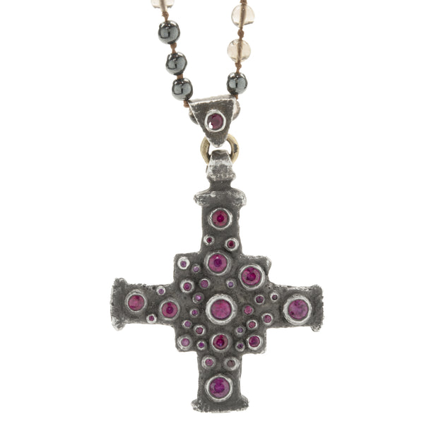 Lee Brevard Sterling Silver Smoky Topaz and Hematite Maltese Cross Necklace