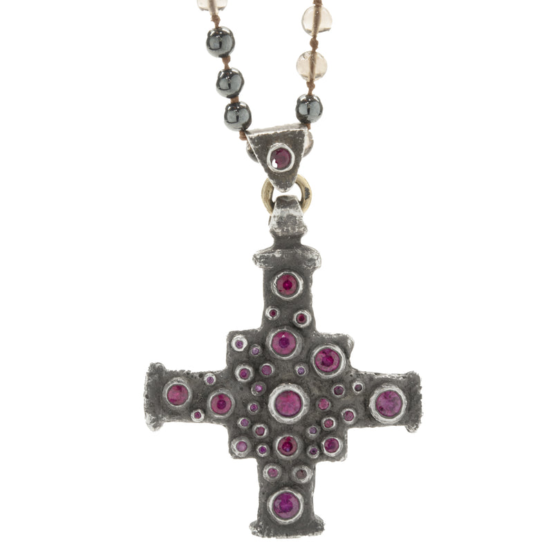 Lee Brevard Sterling Silver Smoky Topaz and Hematite Maltese Cross Necklace