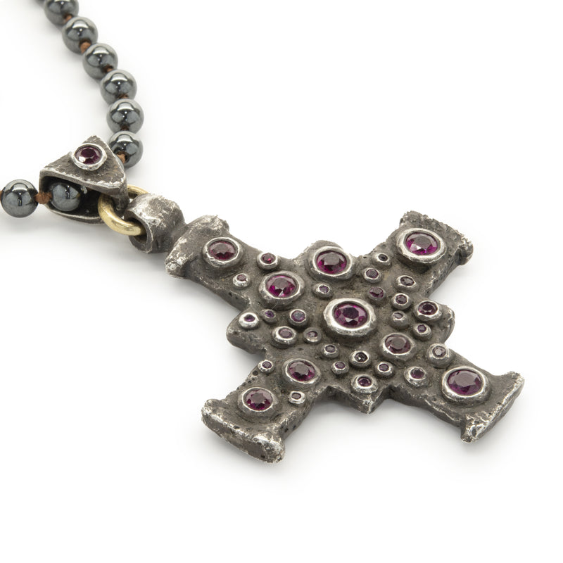 Lee Brevard Sterling Silver Smoky Topaz and Hematite Maltese Cross Necklace