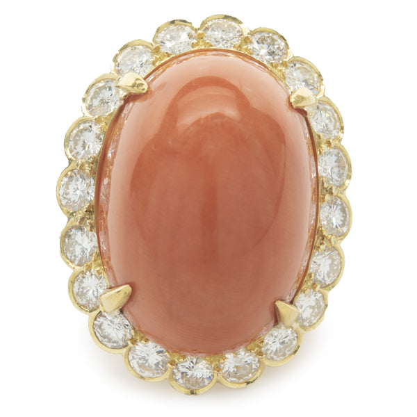Van Cleef & Arpels 18 Karat Yellow Gold Vintage Coral Cabochon and Diamond Cocktail Ring