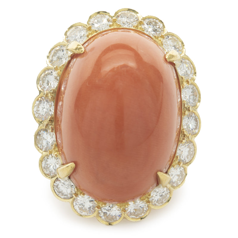 Van Cleef & Arpels 18 Karat Yellow Gold Vintage Coral Cabochon and Diamond Cocktail Ring