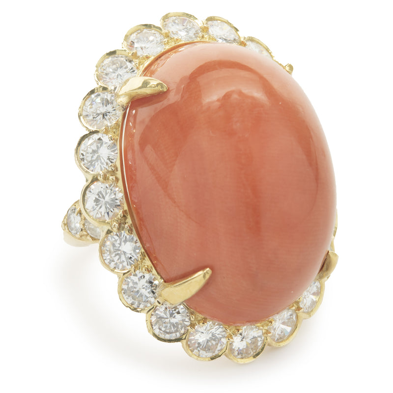 Van Cleef & Arpels 18 Karat Yellow Gold Vintage Coral Cabochon and Diamond Cocktail Ring