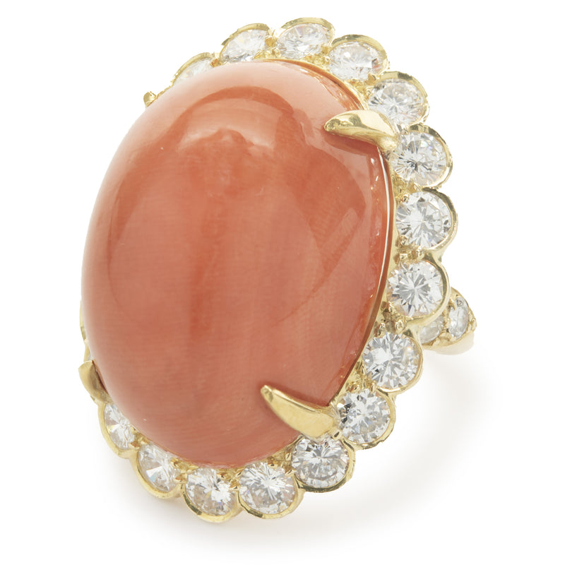 Van Cleef & Arpels 18 Karat Yellow Gold Vintage Coral Cabochon and Diamond Cocktail Ring