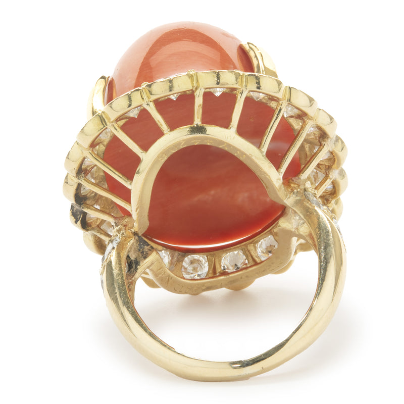 Van Cleef & Arpels 18 Karat Yellow Gold Vintage Coral Cabochon and Diamond Cocktail Ring