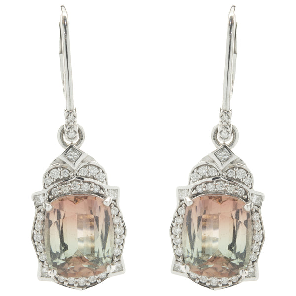 Chromia 18 Karat White Gold Watermelon Tourmaline and Diamond Drop Earrings
