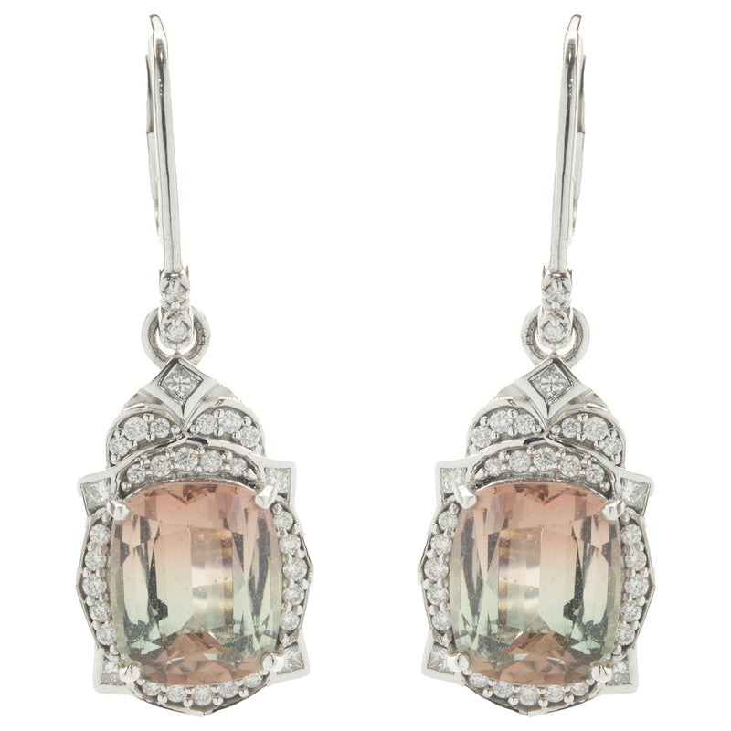 Chromia 18 Karat White Gold Watermelon Tourmaline and Diamond Drop Earrings